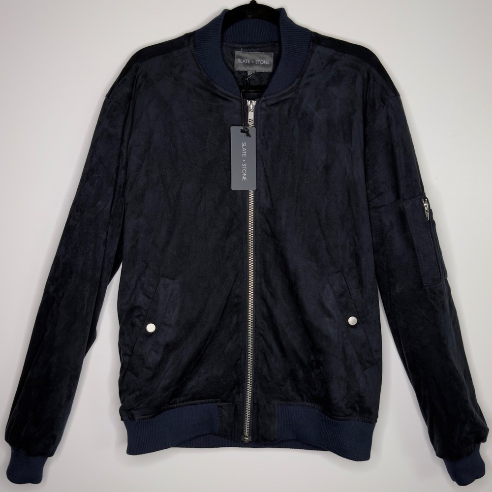 Slate & Stone Leonard Men's Navy Faux Suede Bomber Jacket Silver Zipper Size XXL